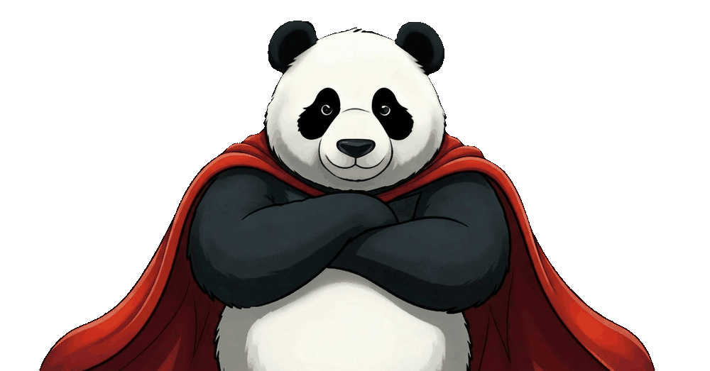 Team Super Panda mascot - a cute caped panda blinking